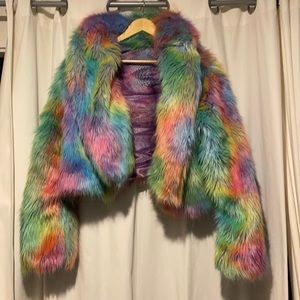 Psychedelic pastel faux fur jacket